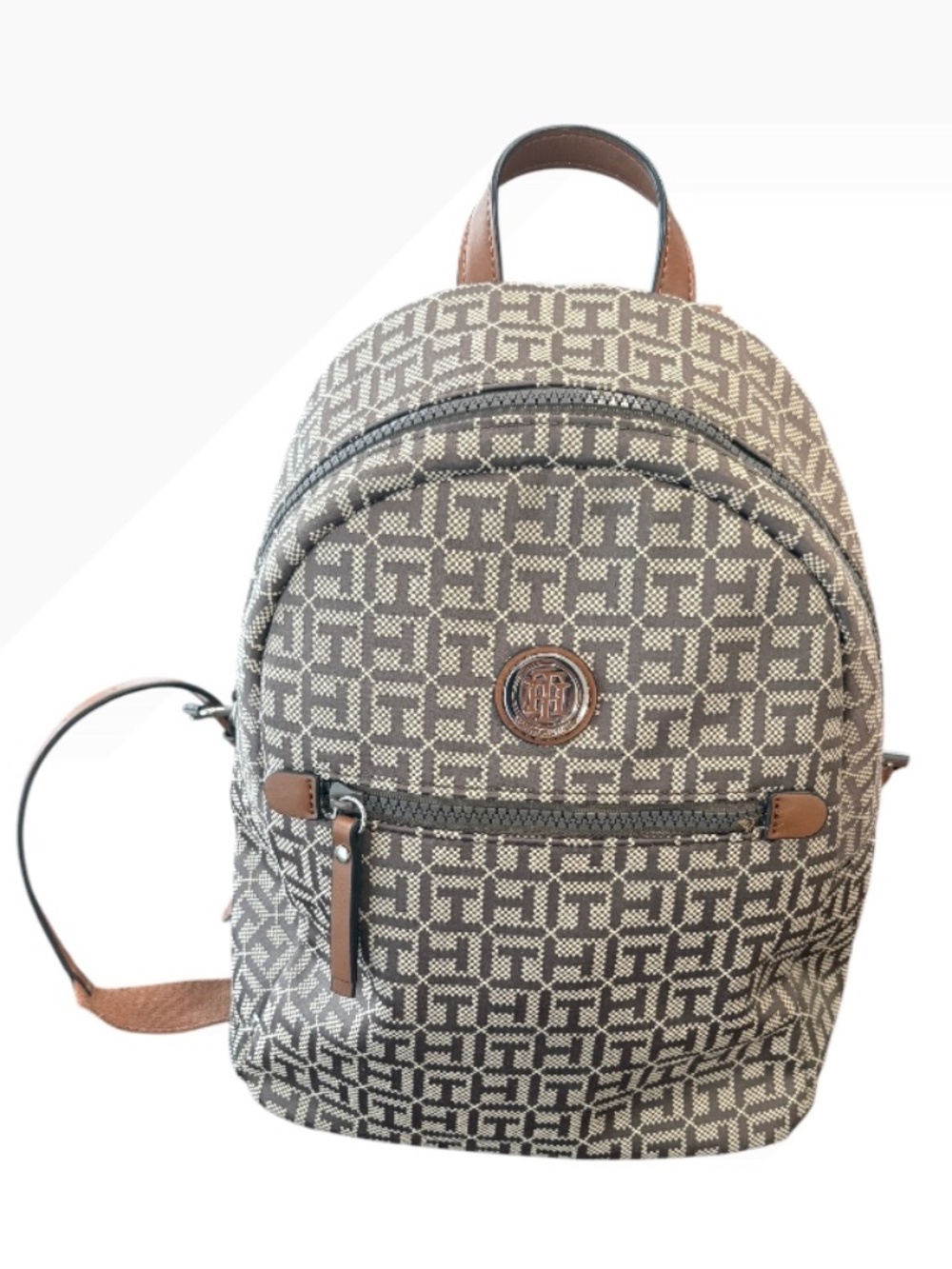 Tommy Hilfiger Monogram Jacquard Mini Dome Backpack Brown Tan Gold Medallion OS